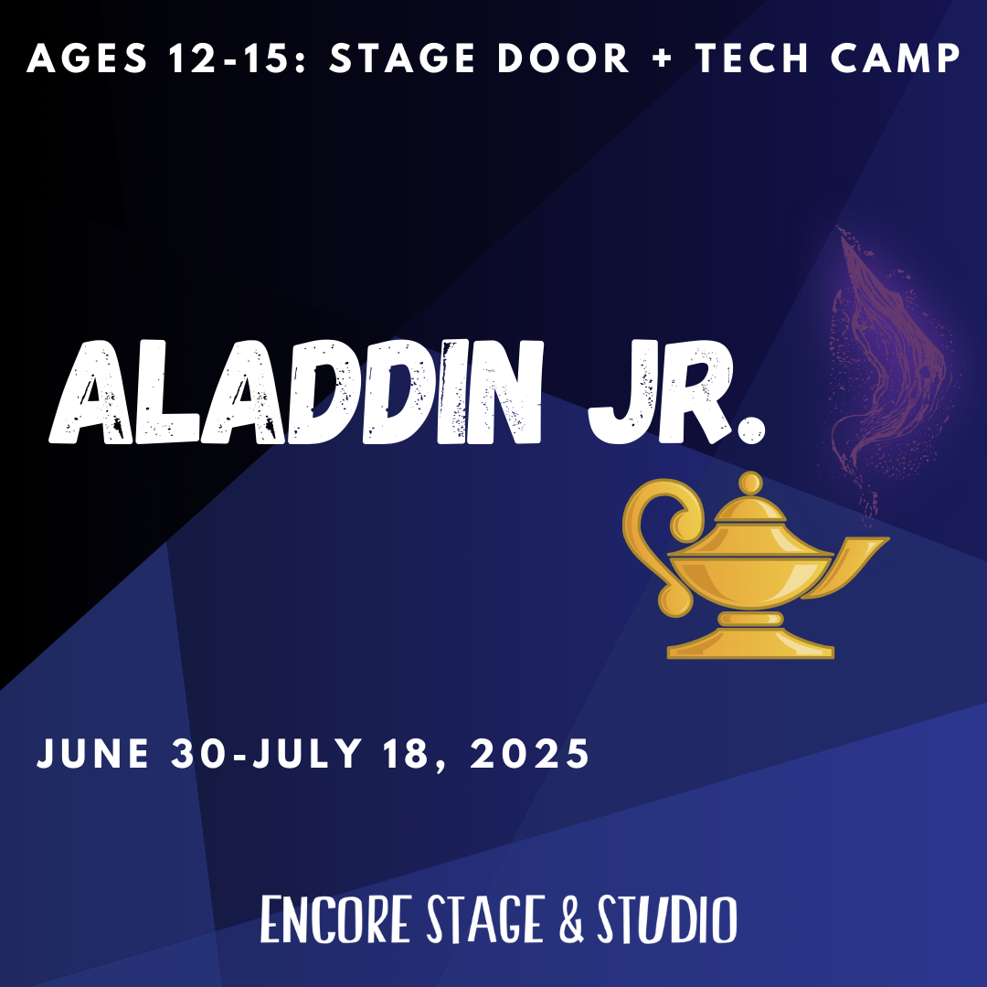 ages 12-15, stage door, camp, summer camp, camp graphic, aladdin jr, tech, camp